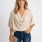 Women’s Draped V Neck Blouse Relaxed Fit Three Quarter Sleeve