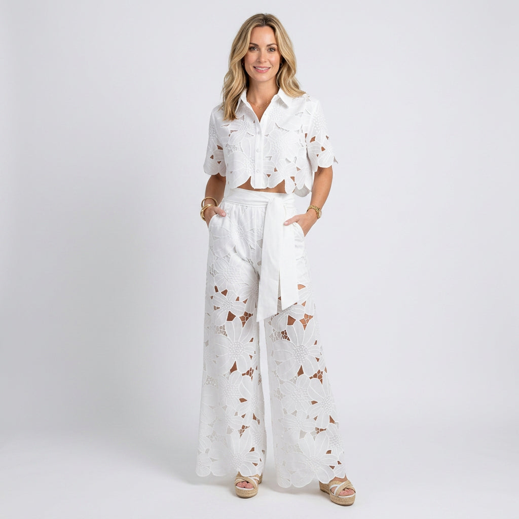 Women’s Floral Eyelet Top and Wide Leg Pants Set