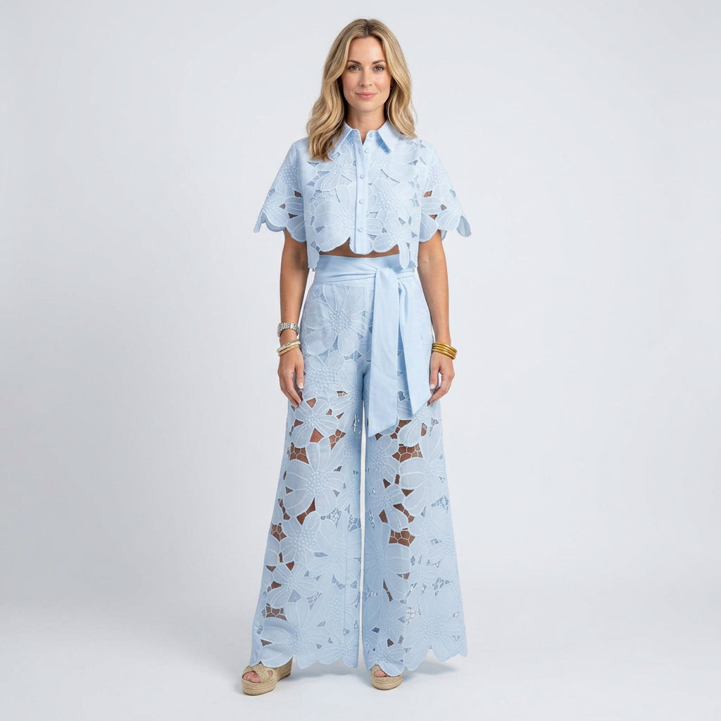 Women’s Floral Eyelet Top and Wide Leg Pants Set