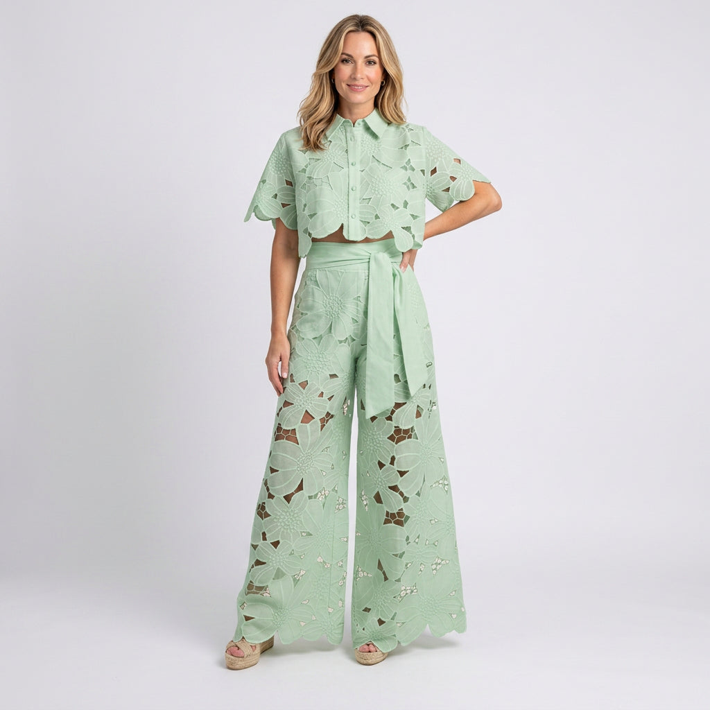 Women’s Floral Eyelet Top and Wide Leg Pants Set