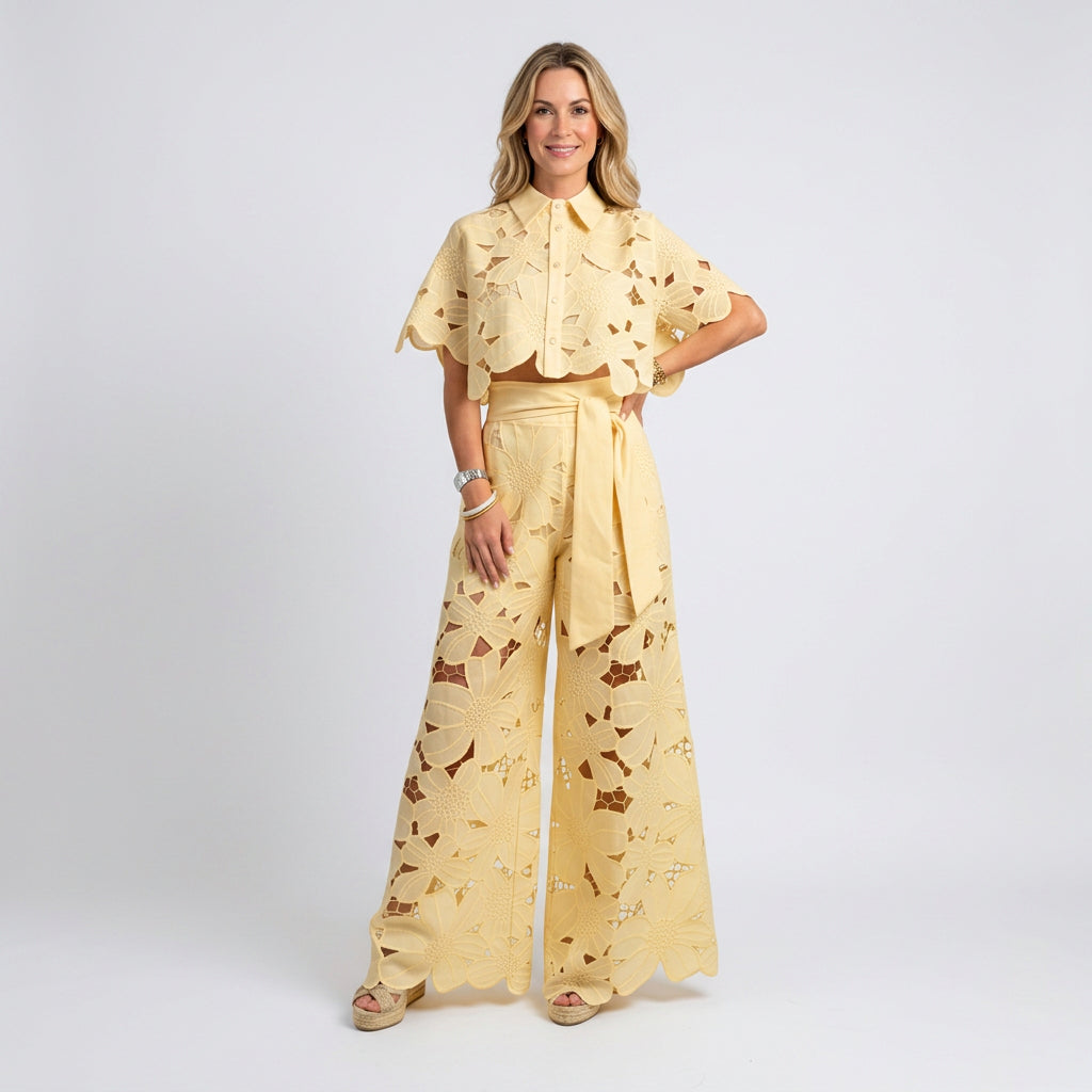 Women’s Floral Eyelet Top and Wide Leg Pants Set