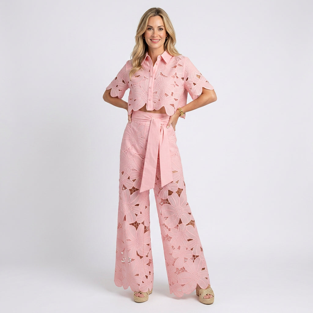 Women’s Floral Eyelet Top and Wide Leg Pants Set