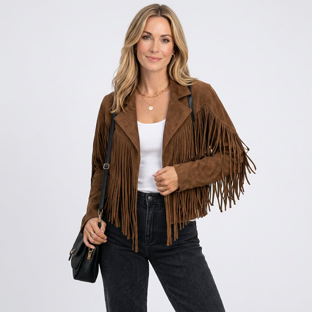 Women’s Fringe Suede Jacket with Cropped Fit