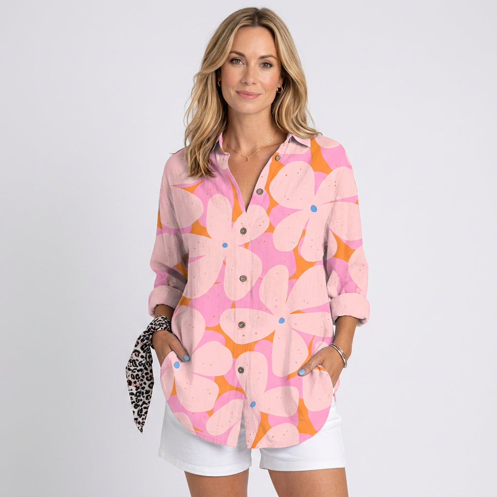 Women’s Coral Print Button Down Blouse