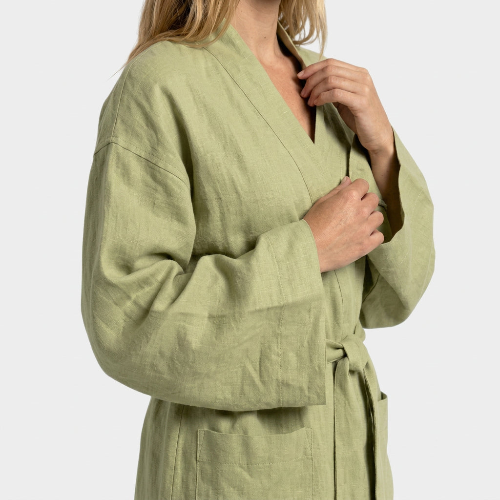 Women’s Linen Kimono Robe Dress with Waist Tie