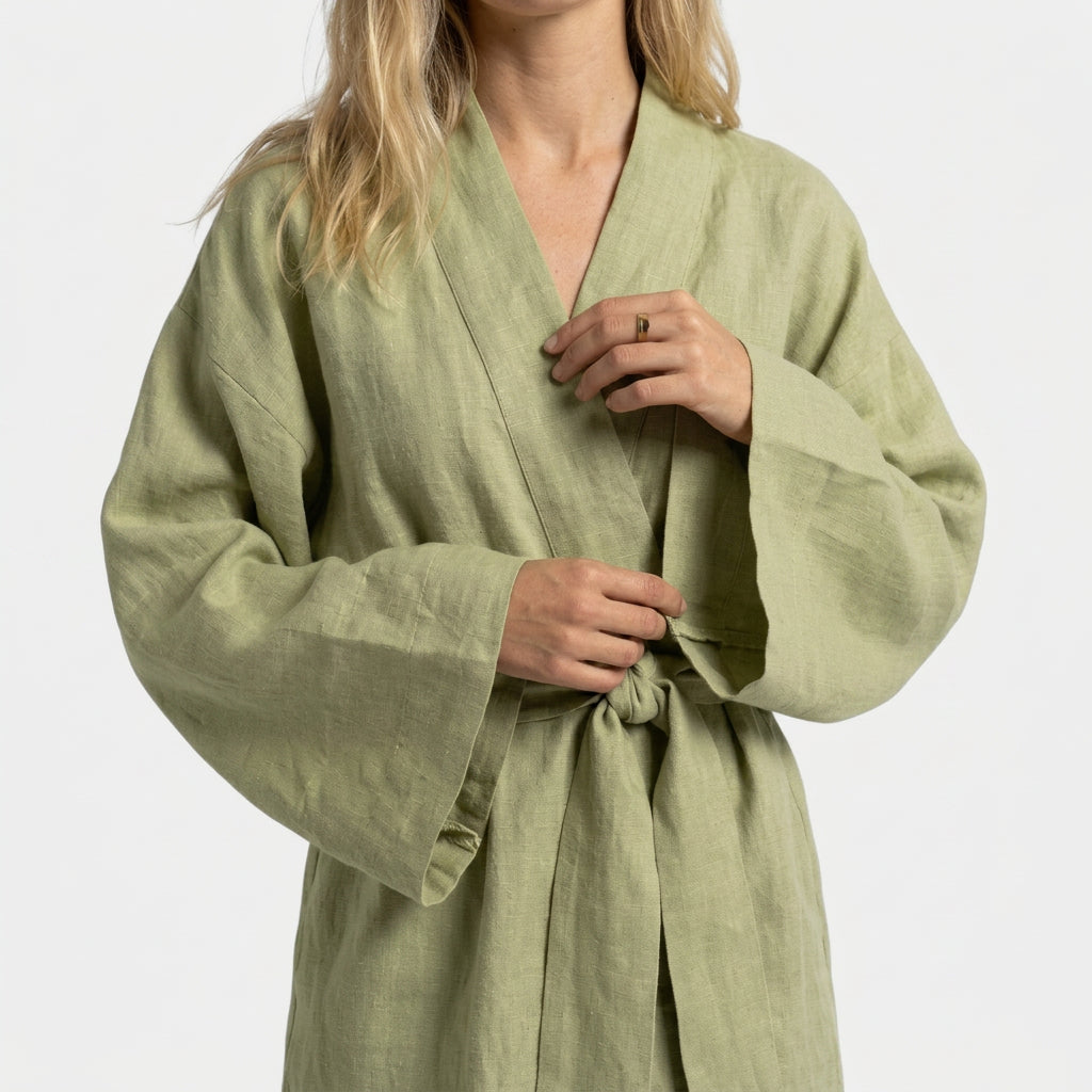 Women’s Linen Kimono Robe Dress with Waist Tie