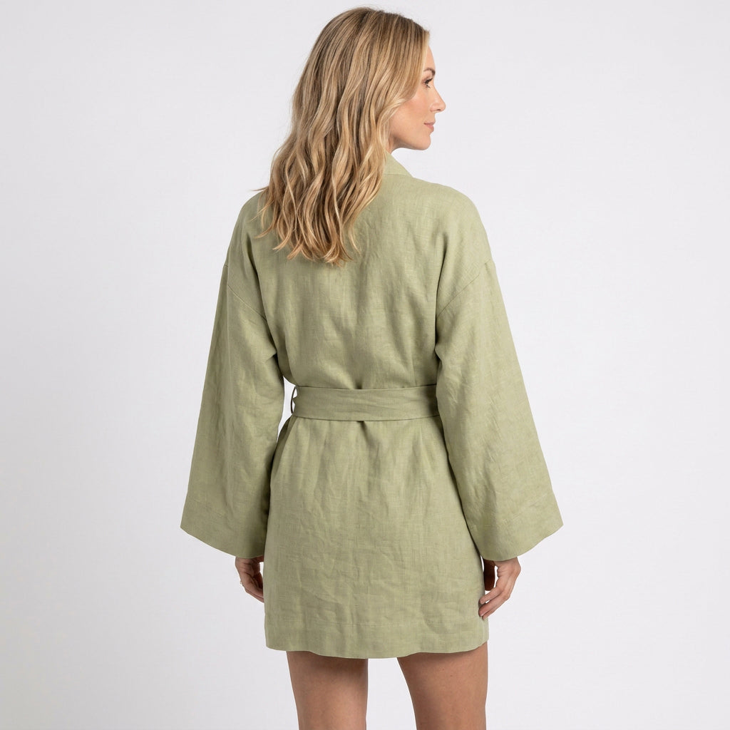 Women’s Linen Kimono Robe Dress with Waist Tie