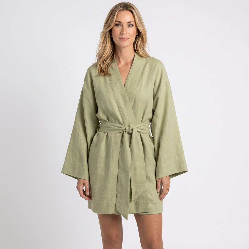 Women’s Linen Kimono Robe Dress with Waist Tie