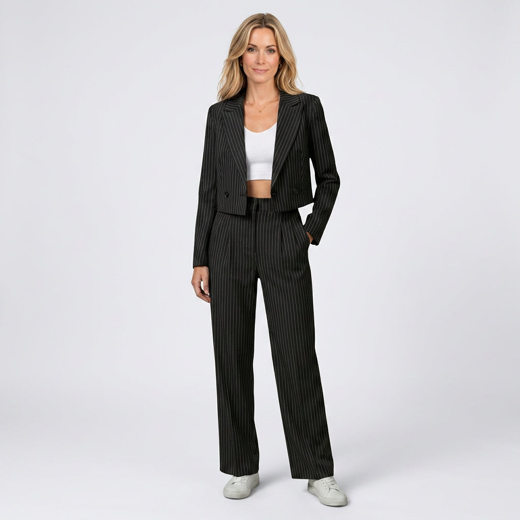 Women’s Pinstripe Cropped Blazer and Wide Leg Trousers Set