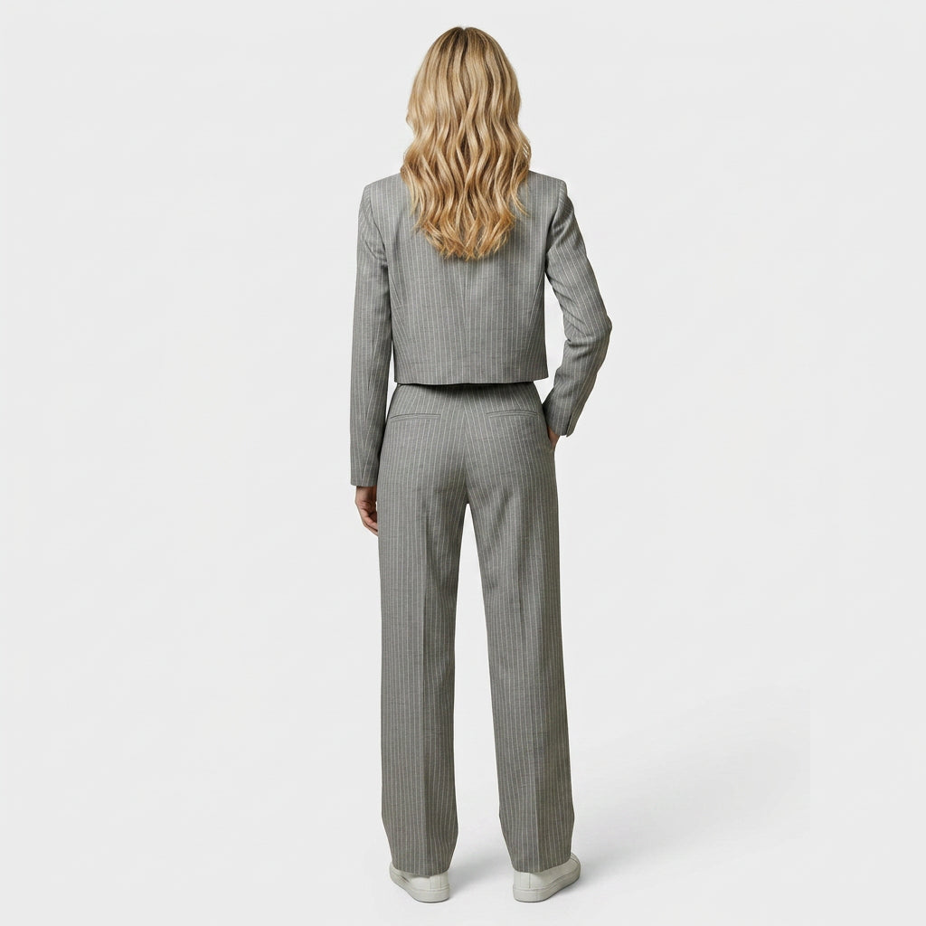 Women’s Pinstripe Cropped Blazer and Wide Leg Trousers Set