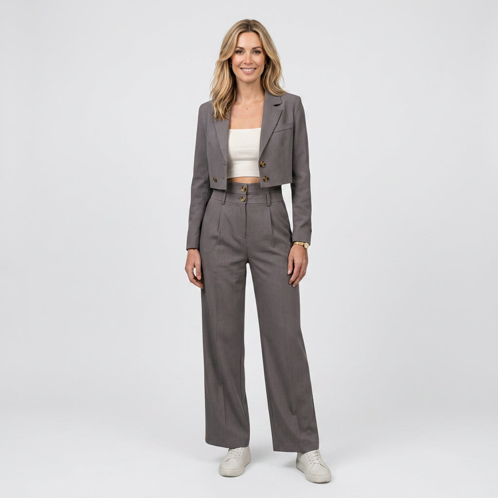 Women’s Tailored Cropped Blazer and Wide Leg Trousers Set