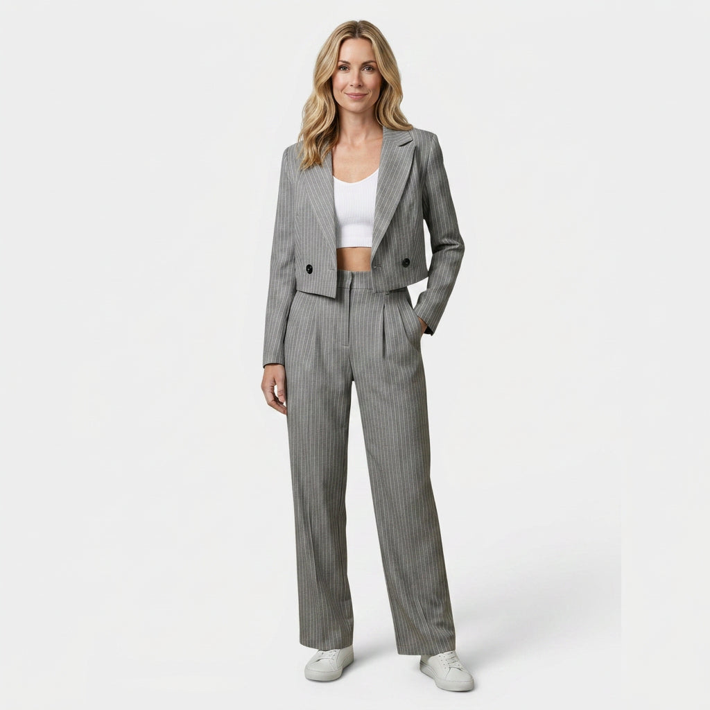 Women’s Pinstripe Cropped Blazer and Wide Leg Trousers Set