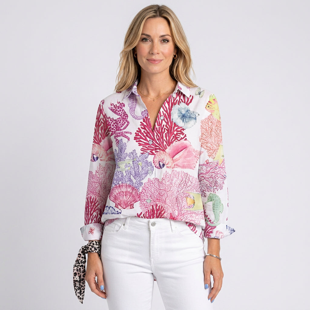 Women’s Coral Print Button Down Blouse