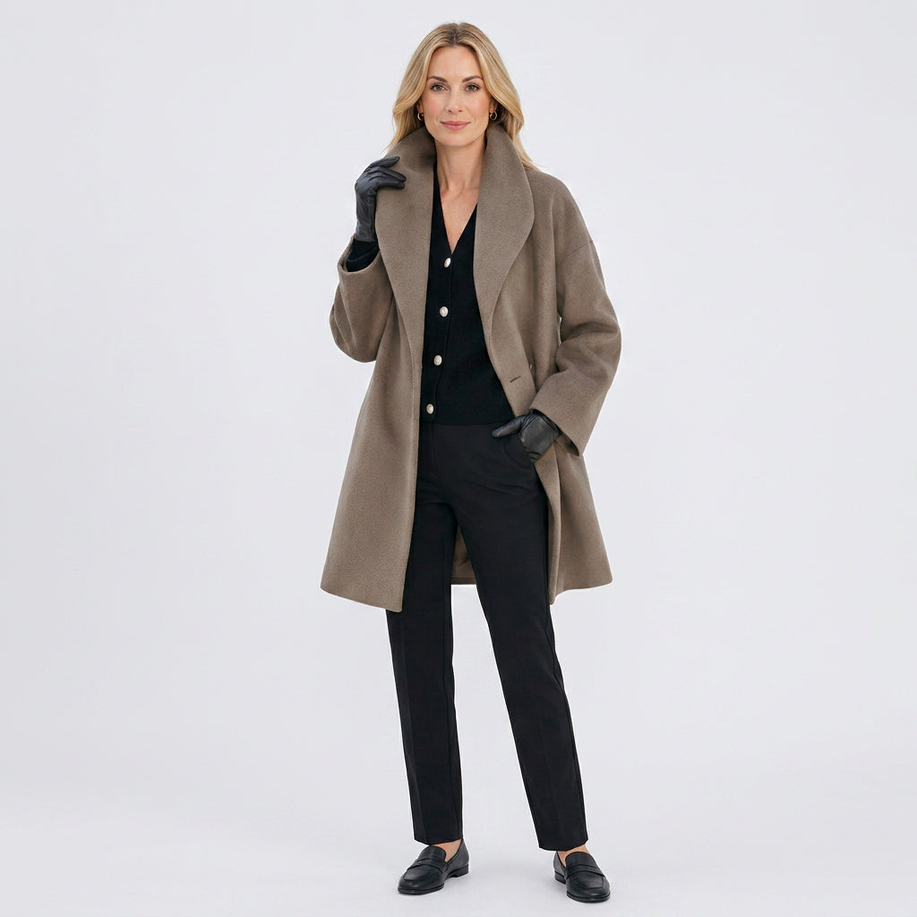 Women’s Mid Length Coat with Wide Collar