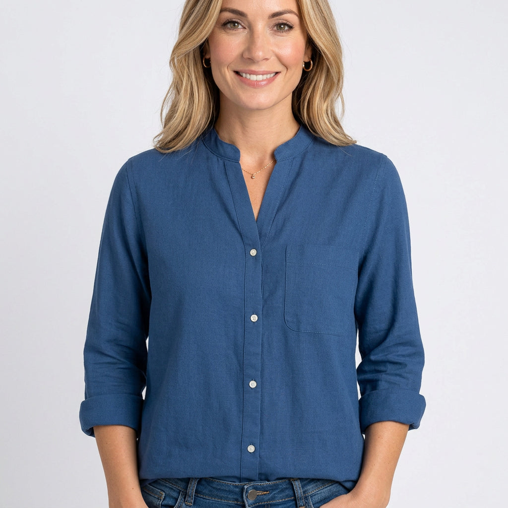 Women’s Button Front Blouse Stand Collar Relaxed Fit
