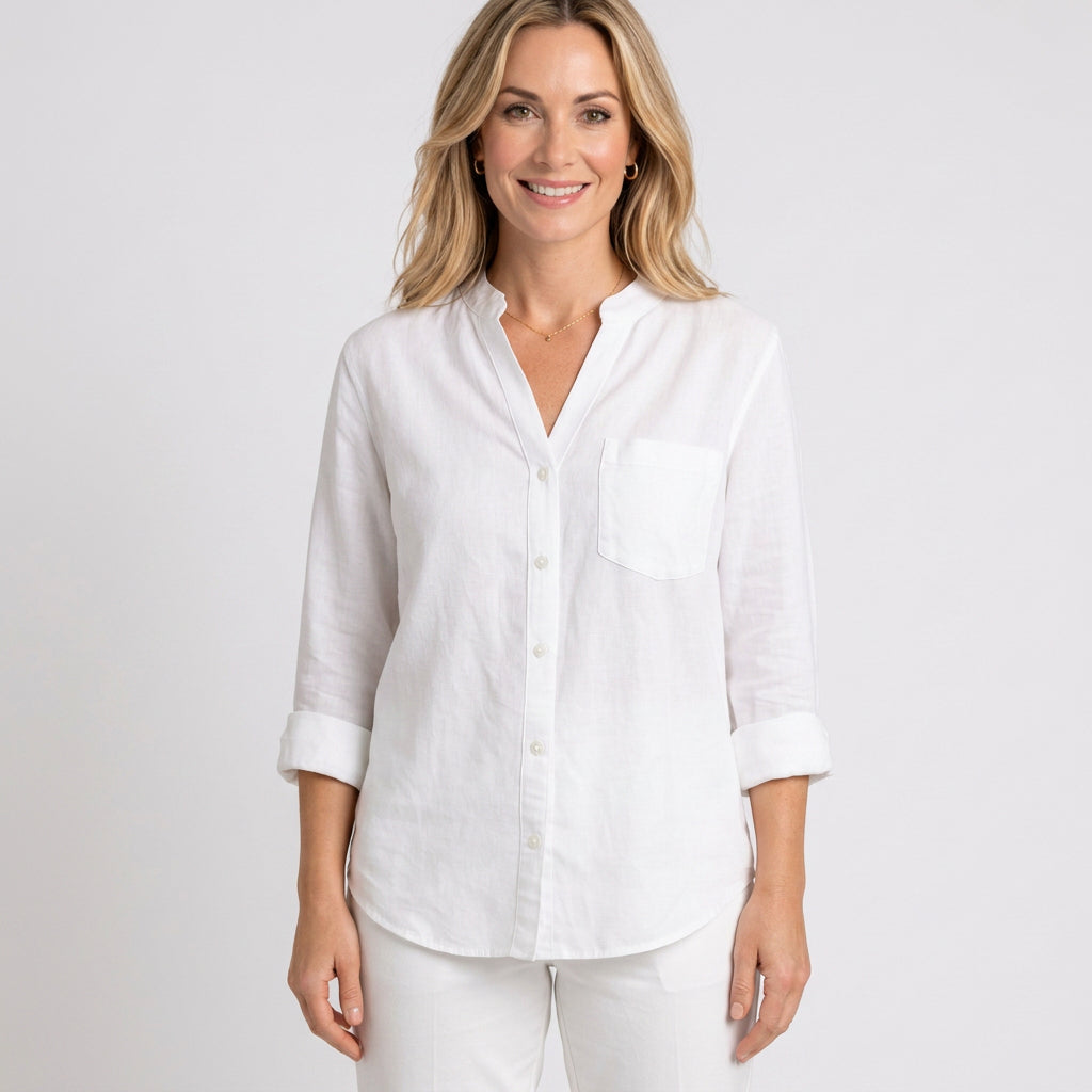 Women’s Button Front Blouse Stand Collar Relaxed Fit