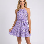 Women’s Floral Halter Neck Mini Dress Tie Waist Tiered Skirt
