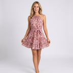 Women’s Floral Halter Neck Mini Dress Tie Waist Tiered Skirt