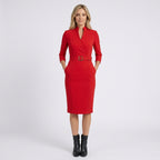 Women Belted Long Sleeve Midi Dress - Tailored Formal Office Dress