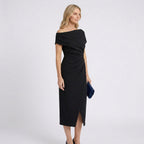 Women Off Shoulder Midi Dress Ruched Waist Formal Occasion