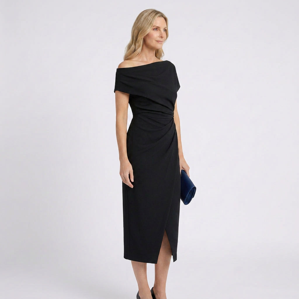 Women Off Shoulder Midi Dress Ruched Waist Formal Occasion