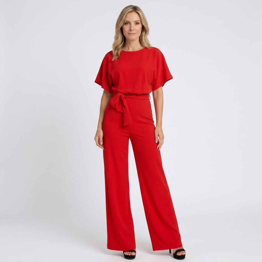 Women’s Tie Waist Wide Leg Jumpsuit – Short Sleeve Straight Neck