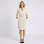 Women Belted Long Sleeve Midi Dress - Tailored Formal Office Dress