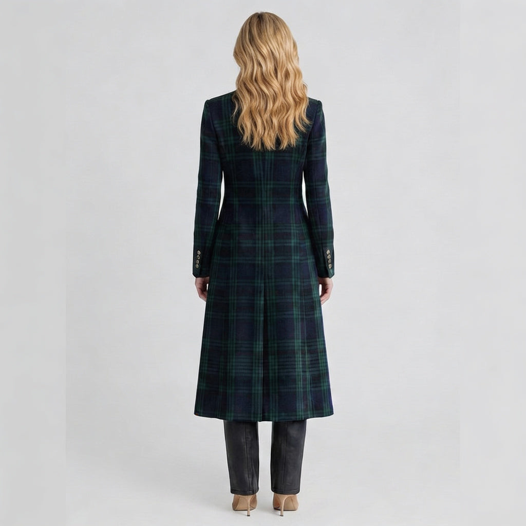 Women’s Long Check Coat – Tailored Button Front Overcoat