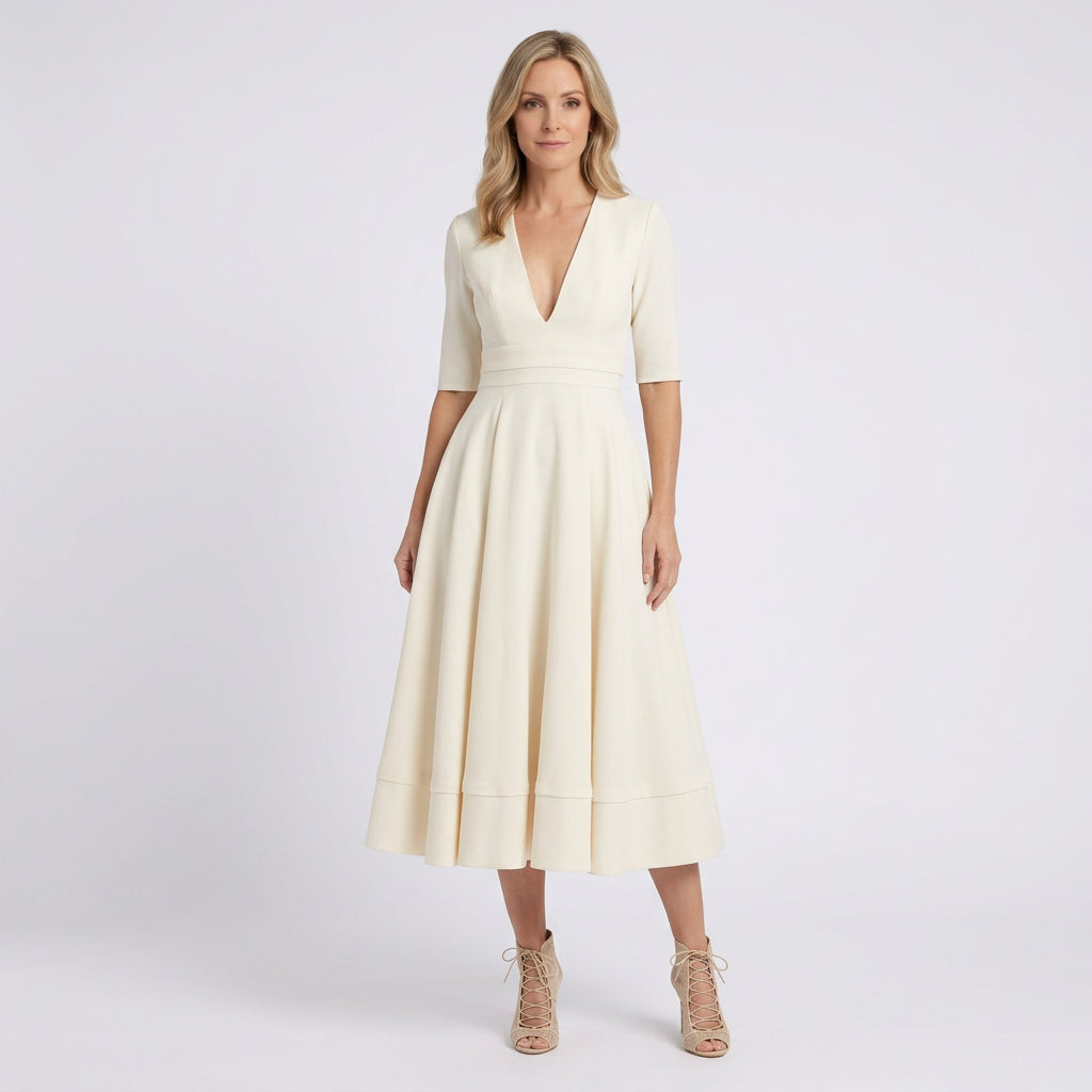Women V Neck Midi Fit and Flare Dress - Elbow Sleeve Occasion Dress