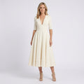 Women V Neck Midi Fit and Flare Dress - Elbow Sleeve Occasion Dress