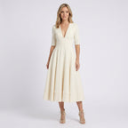 Women V Neck Midi Fit and Flare Dress - Elbow Sleeve Occasion Dress