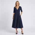 Women V Neck Midi Fit and Flare Dress - Elbow Sleeve Occasion Dress