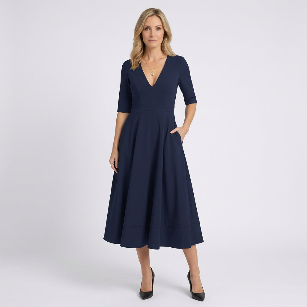 Women V Neck Midi Fit and Flare Dress - Elbow Sleeve Occasion Dress
