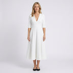 Women V Neck Midi Fit and Flare Dress - Elbow Sleeve Occasion Dress