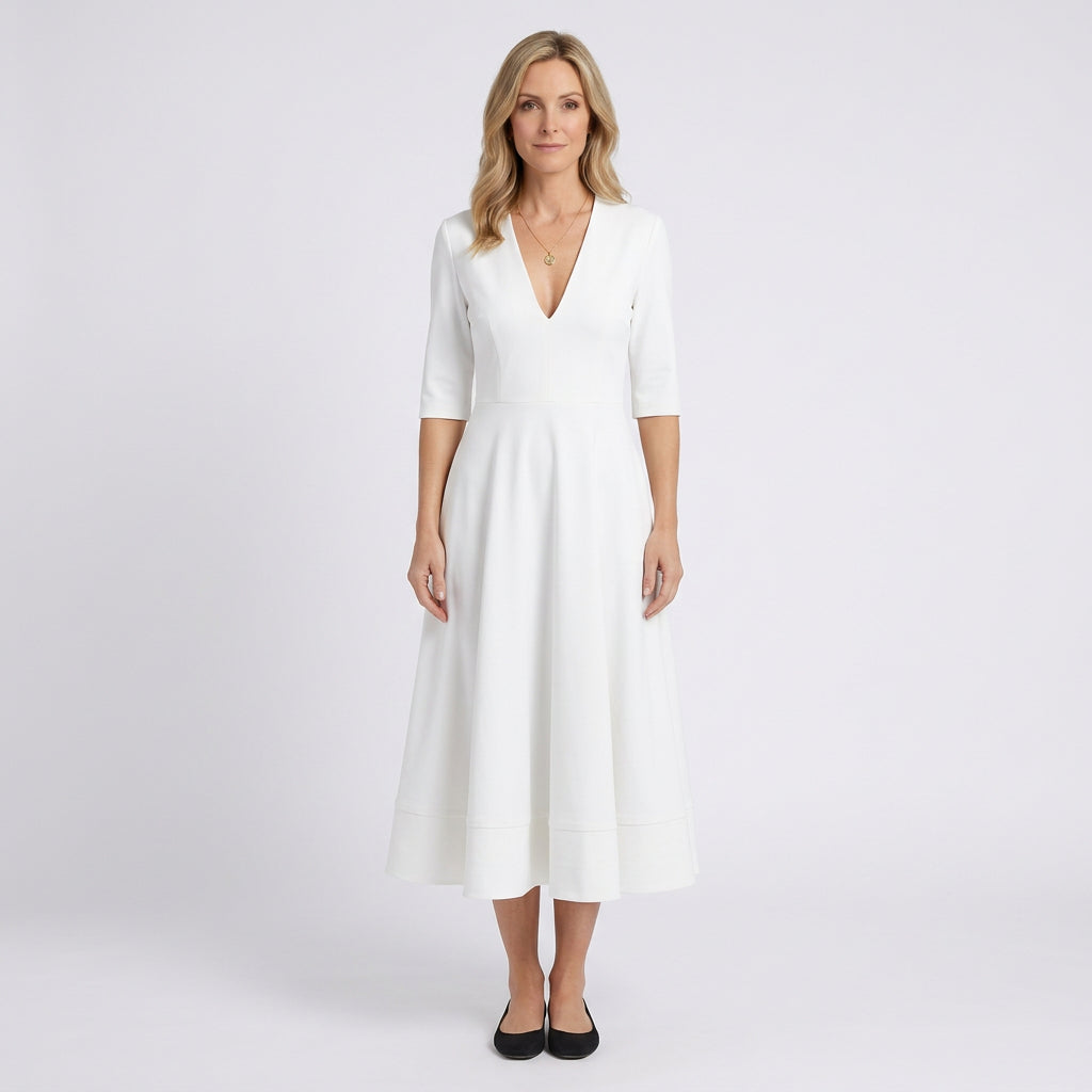 Women V Neck Midi Fit and Flare Dress - Elbow Sleeve Occasion Dress