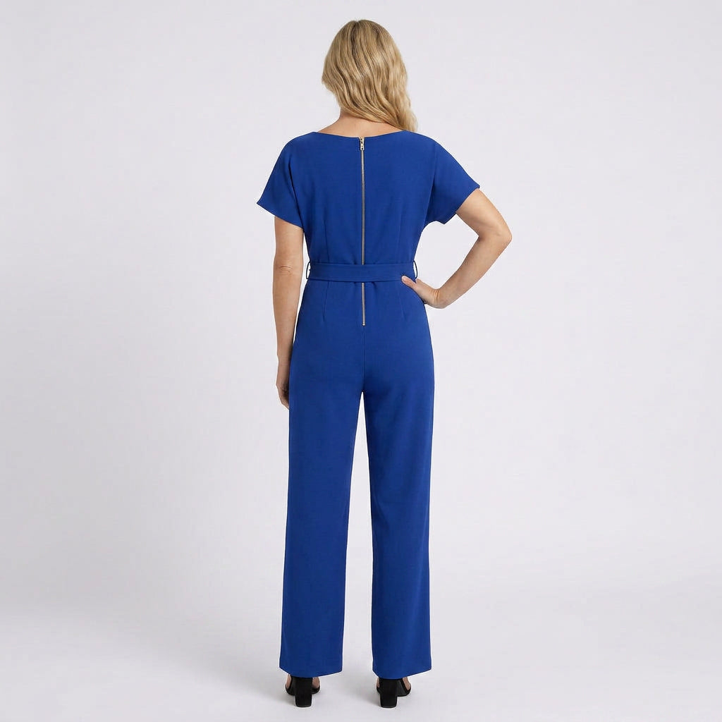 Women Wide Leg Jumpsuit Tie Waist Short Sleeve - Smart Casual One Piece
