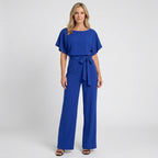 Women’s Tie Waist Wide Leg Jumpsuit – Short Sleeve Straight Neck