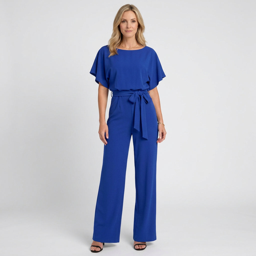 Women’s Tie Waist Wide Leg Jumpsuit – Short Sleeve Straight Neck
