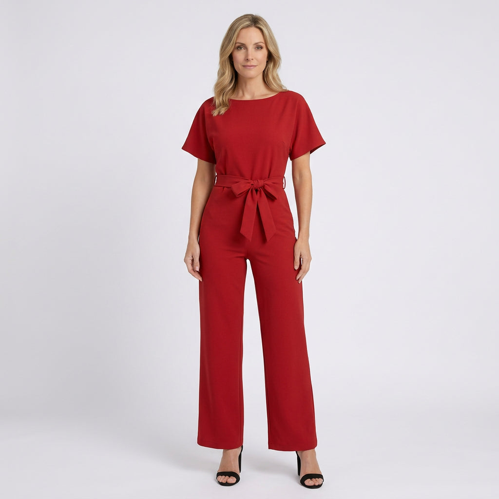 Women Wide Leg Jumpsuit Tie Waist Short Sleeve - Smart Casual One Piece