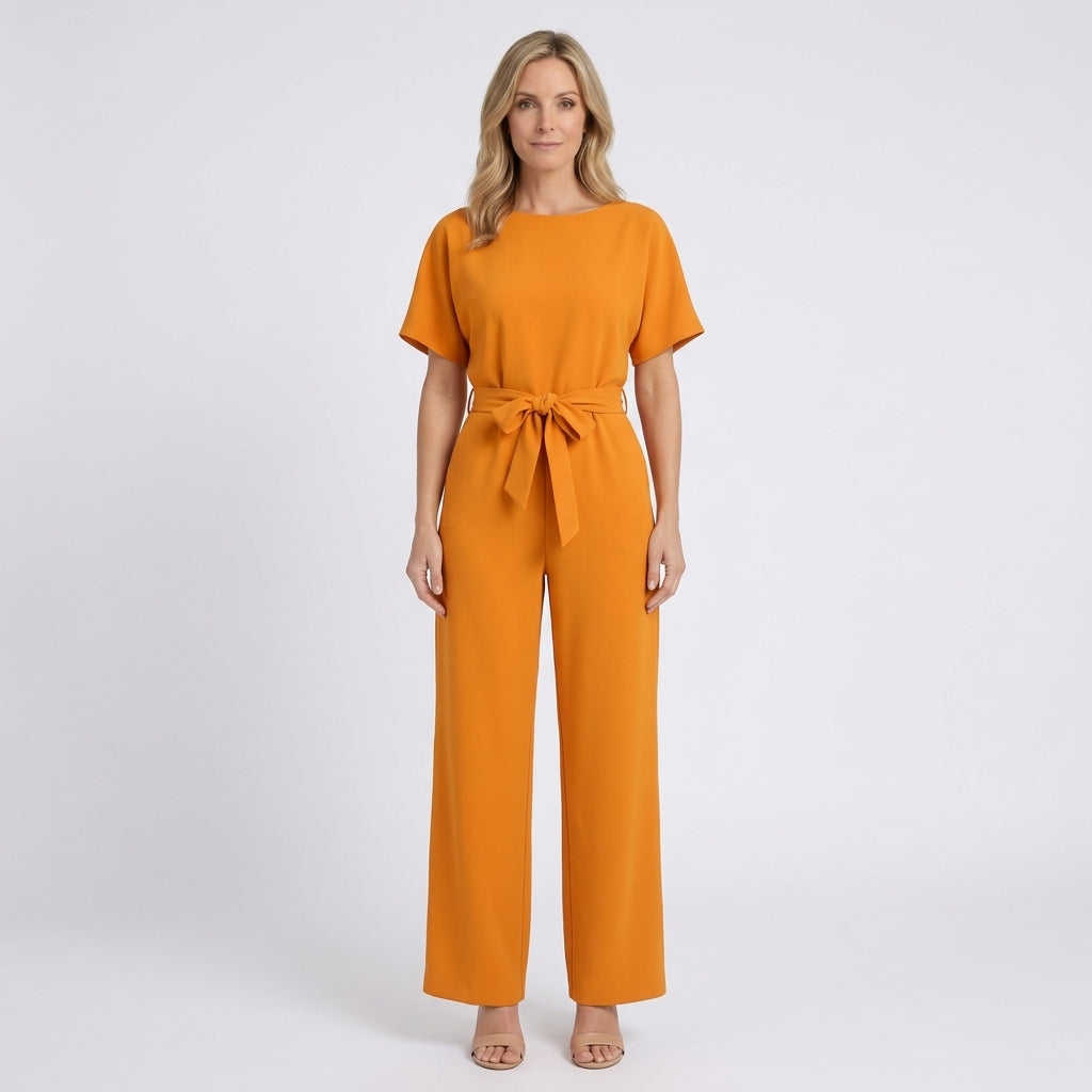 Women Wide Leg Jumpsuit Tie Waist Short Sleeve - Smart Casual One Piece