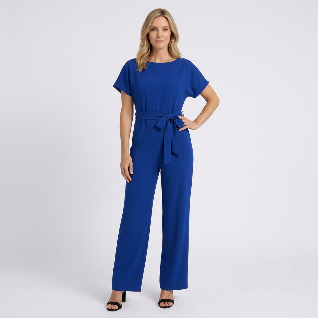 Women Wide Leg Jumpsuit Tie Waist Short Sleeve - Smart Casual One Piece
