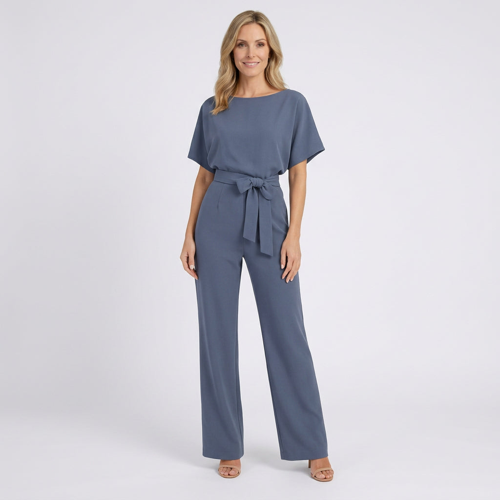 Women Wide Leg Jumpsuit Tie Waist Short Sleeve - Smart Casual One Piece