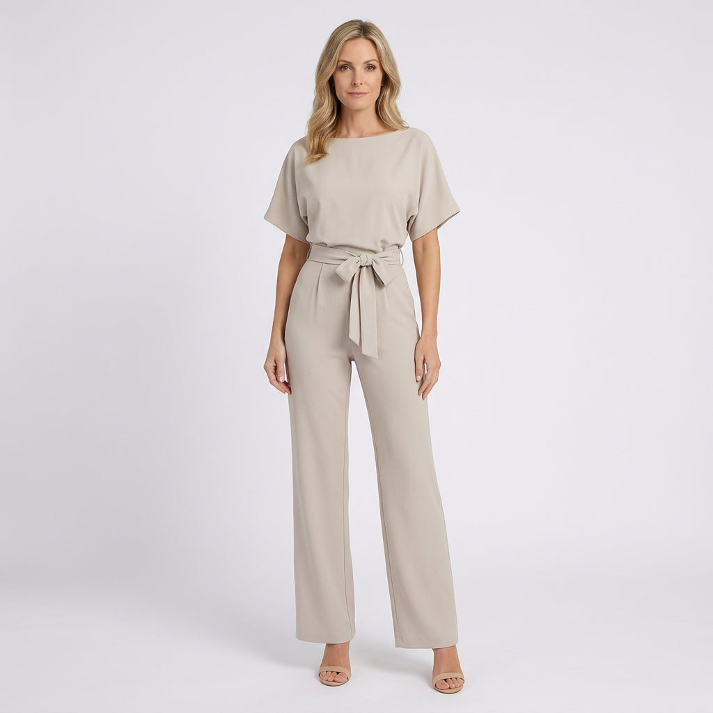 Women Wide Leg Jumpsuit Tie Waist Short Sleeve - Smart Casual One Piece
