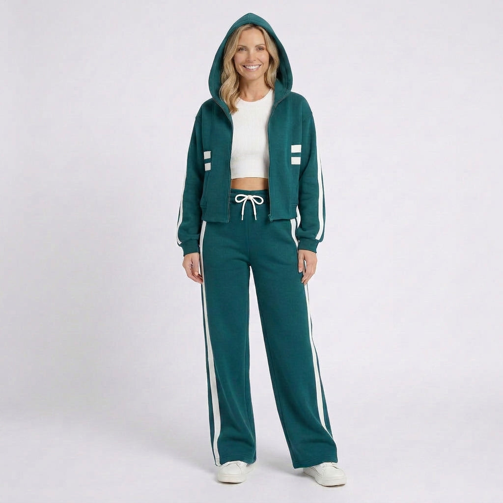 Women Two Piece Tracksuit Set - Zip Hoodie Straight Leg Pants Casual Everyday