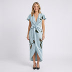 Women Floral Wrap Midi Dress - Short Sleeve Wrap Dress