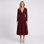 Women V Neck Midi Fit and Flare Dress - Elbow Sleeve Occasion Dress