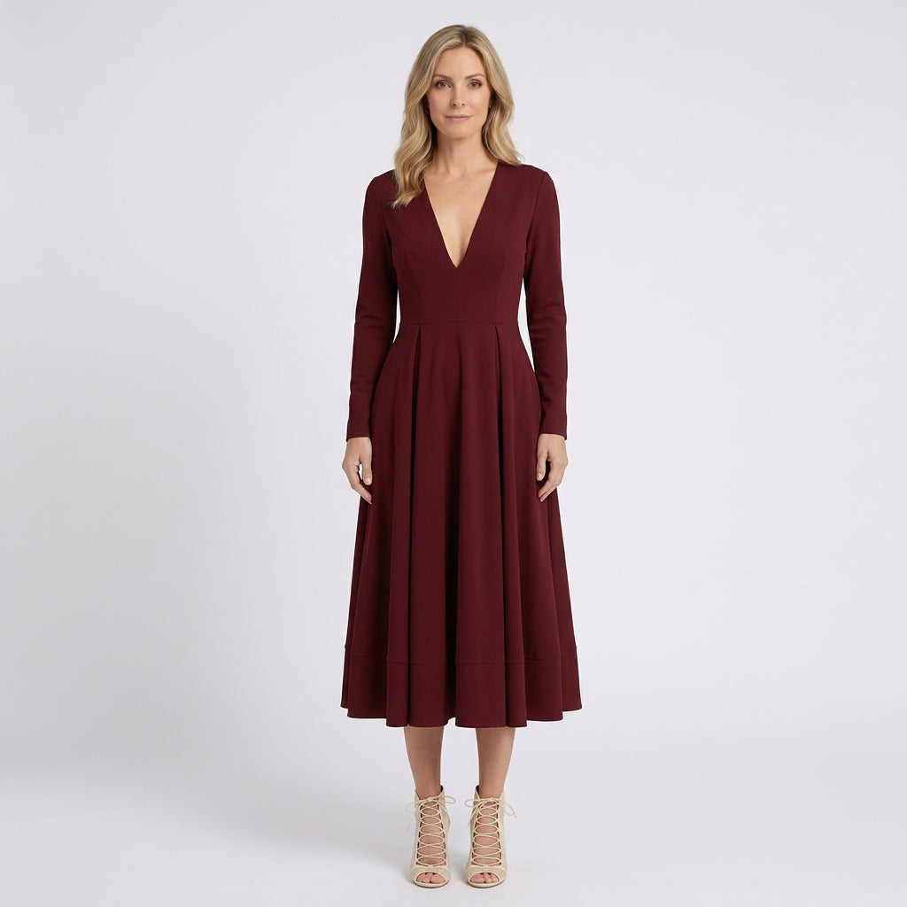Women V Neck Midi Fit and Flare Dress - Elbow Sleeve Occasion Dress