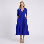 Women V Neck Midi Fit and Flare Dress - Elbow Sleeve Occasion Dress