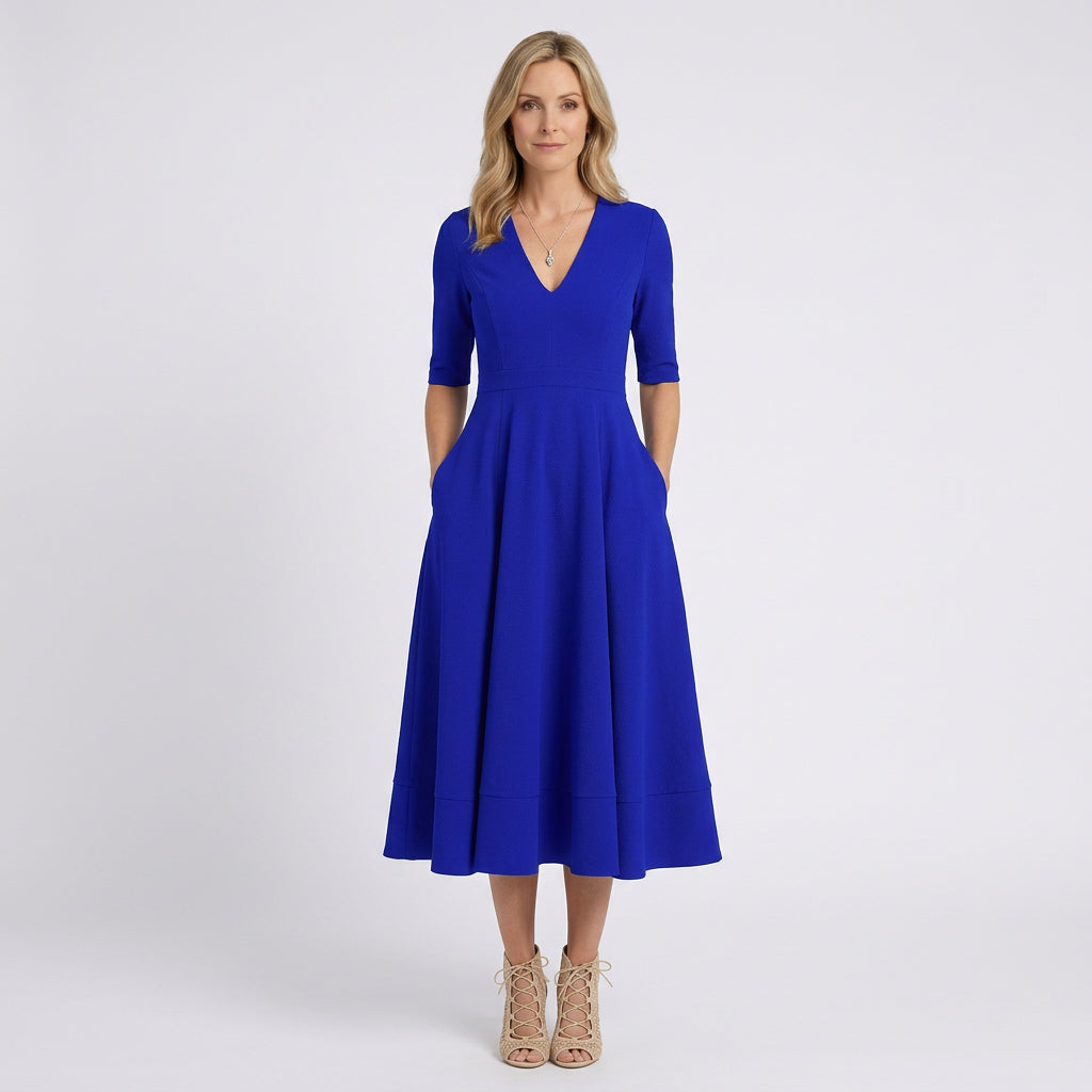 Women V Neck Midi Fit and Flare Dress - Elbow Sleeve Occasion Dress