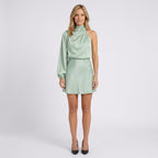Women One Shoulder Satin Mini Dress - Asymmetric Occasion Dress